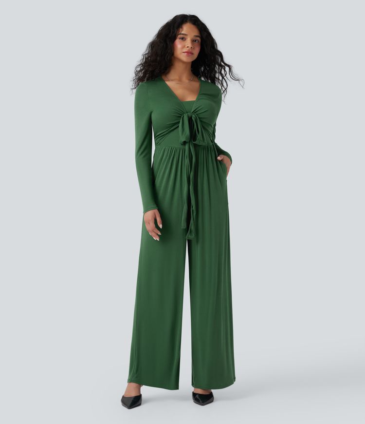 Ribbed V Neck Wrapped Tie Back Long Sleeve Wide Leg Casual Jumpsuit with Pockets-Easy Peezy Edition