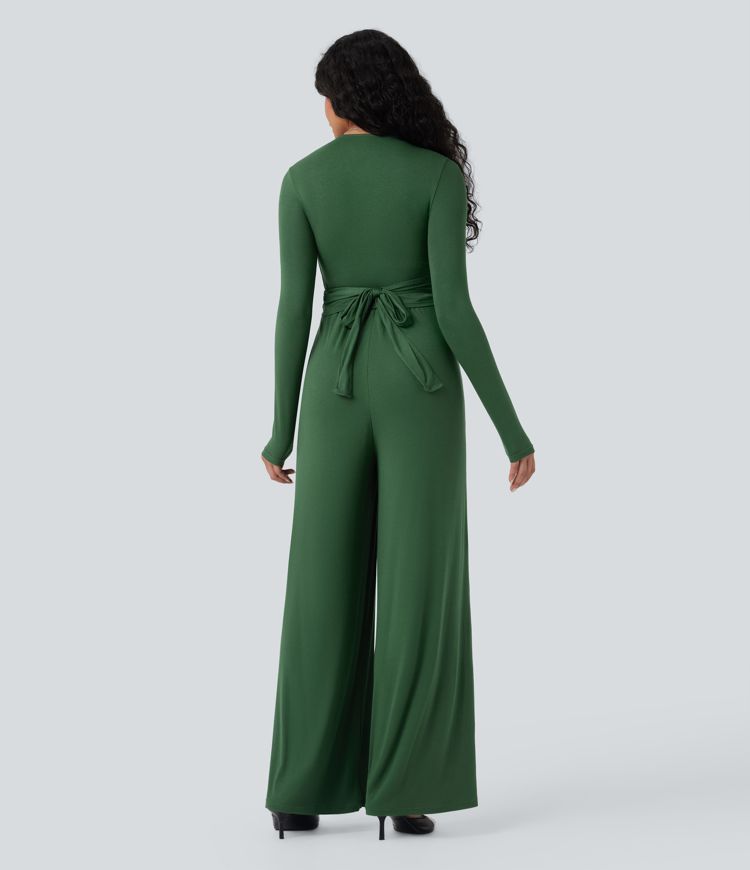 Ribbed V Neck Wrapped Tie Back Long Sleeve Wide Leg Casual Jumpsuit with Pockets-Easy Peezy Edition
