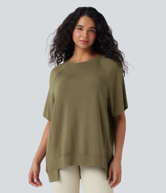 Round Neck Short Sleeve High Low Casual Top