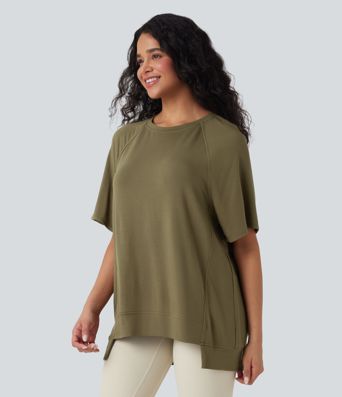 Round Neck Short Sleeve High Low Casual Top