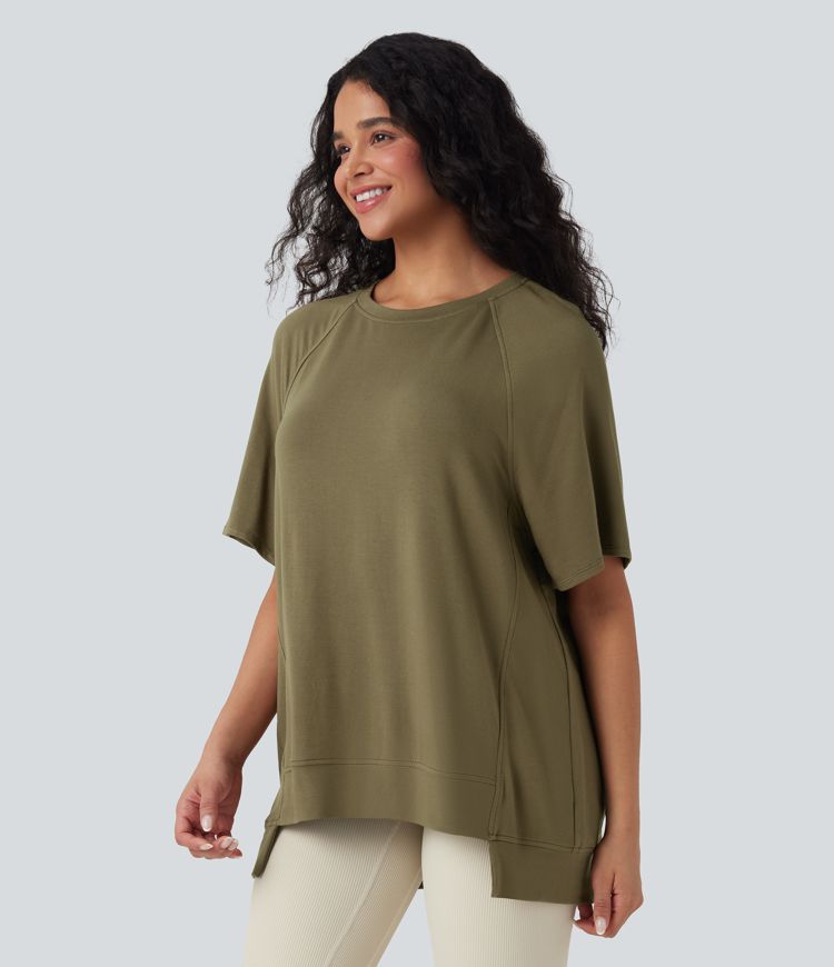 Round Neck Short Sleeve High Low Casual Top