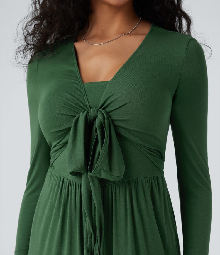 Ribbed V Neck Wrapped Tie Back Long Sleeve Wide Leg Casual Jumpsuit with Pockets-Easy Peezy Edition