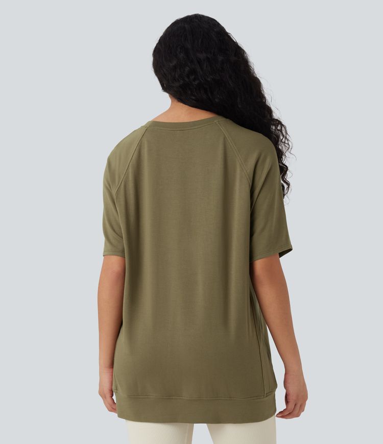 Round Neck Short Sleeve High Low Casual Top