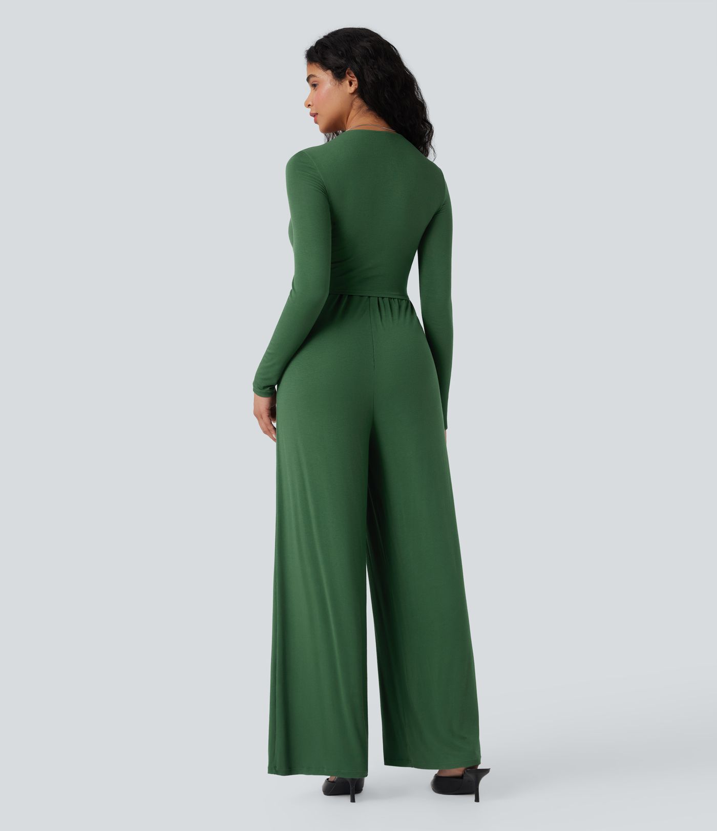 Ribbed V Neck Wrapped Tie Back Long Sleeve Wide Leg Casual Jumpsuit with Pockets-Easy Peezy Edition