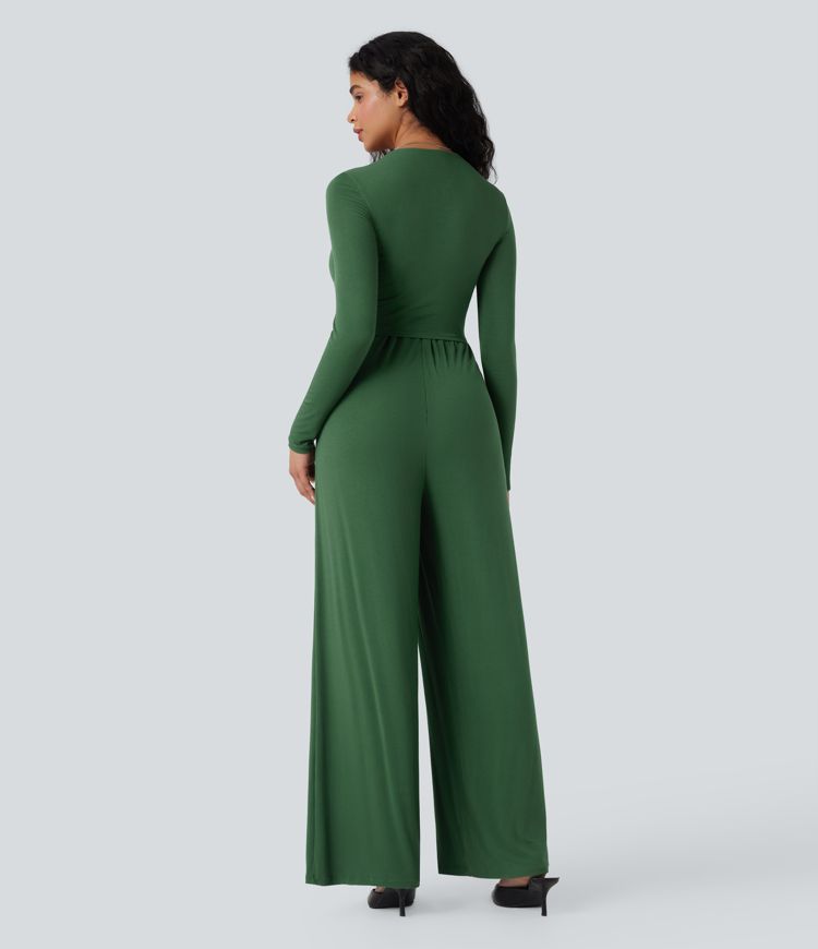 Ribbed V Neck Wrapped Tie Back Long Sleeve Wide Leg Casual Jumpsuit with Pockets-Easy Peezy Edition
