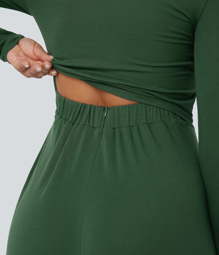 Ribbed V Neck Wrapped Tie Back Long Sleeve Wide Leg Casual Jumpsuit with Pockets-Easy Peezy Edition