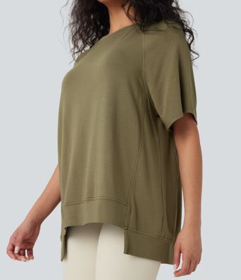 Round Neck Short Sleeve High Low Casual Top