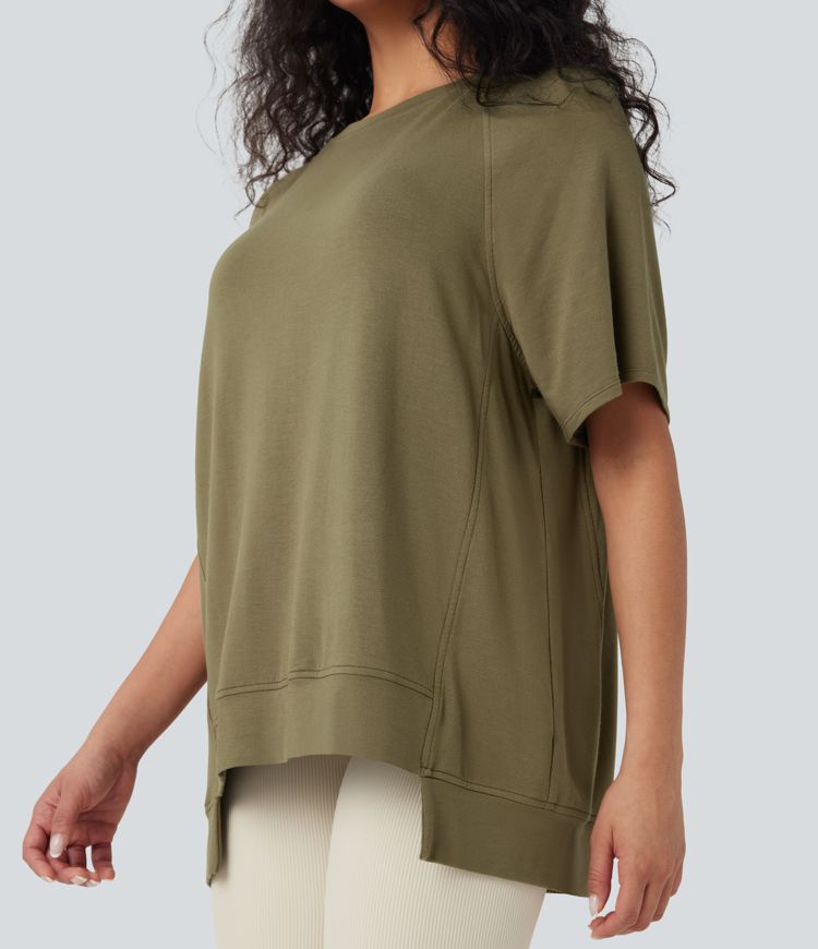 Round Neck Short Sleeve High Low Casual Top