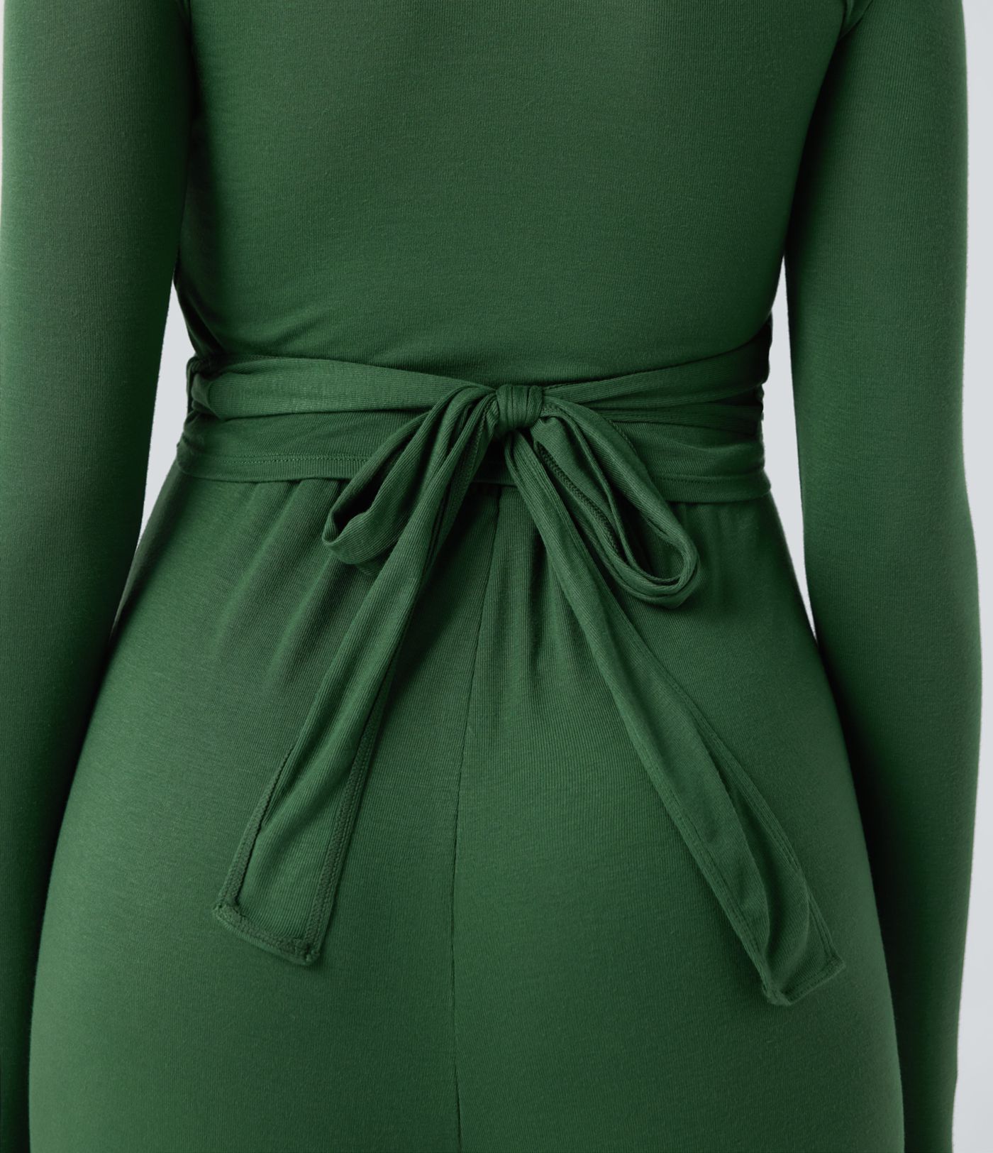 Ribbed V Neck Wrapped Tie Back Long Sleeve Wide Leg Casual Jumpsuit with Pockets-Easy Peezy Edition