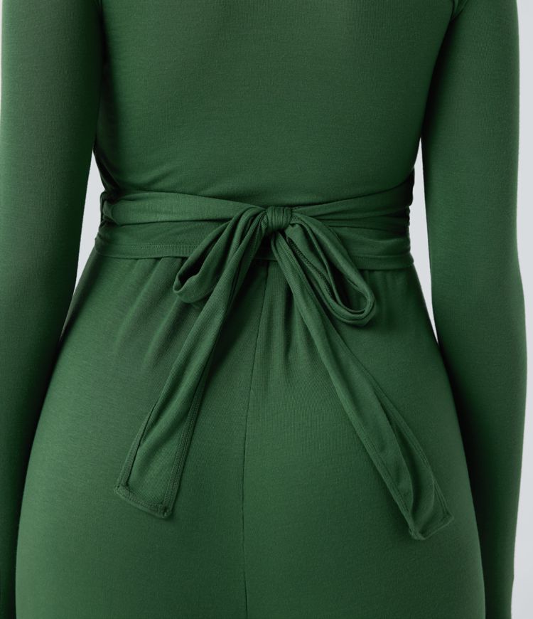 Ribbed V Neck Wrapped Tie Back Long Sleeve Wide Leg Casual Jumpsuit with Pockets-Easy Peezy Edition