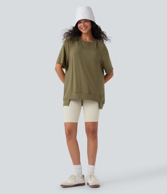 Round Neck Short Sleeve High Low Casual Top