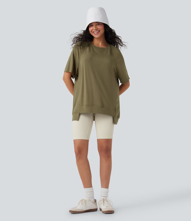 Round Neck Short Sleeve High Low Casual Top