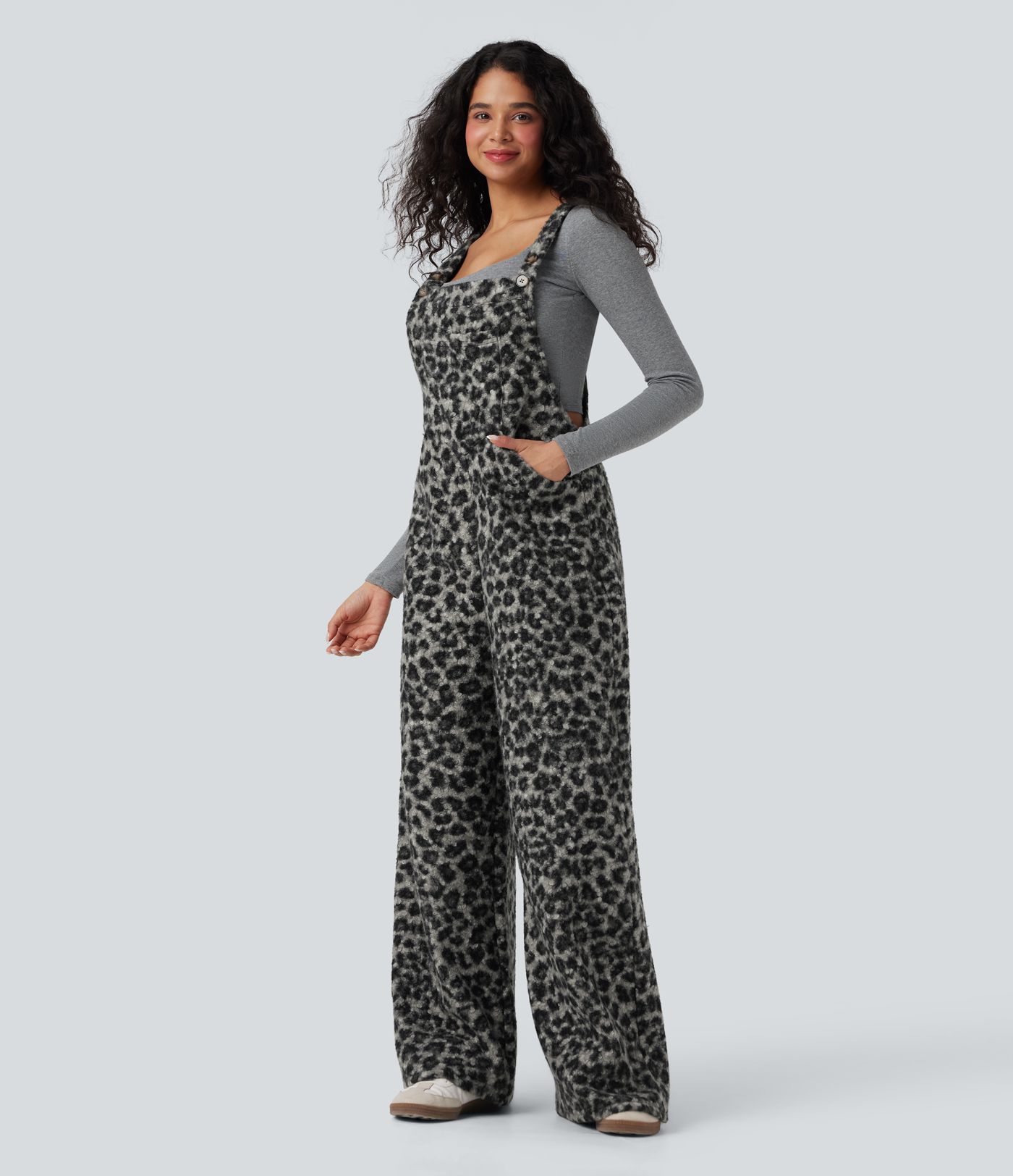 Salopette décontractée large en teddy col carré imprimé léopard avec poches