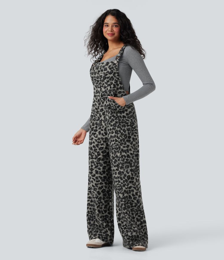 Salopette décontractée large en teddy col carré imprimé léopard avec poches