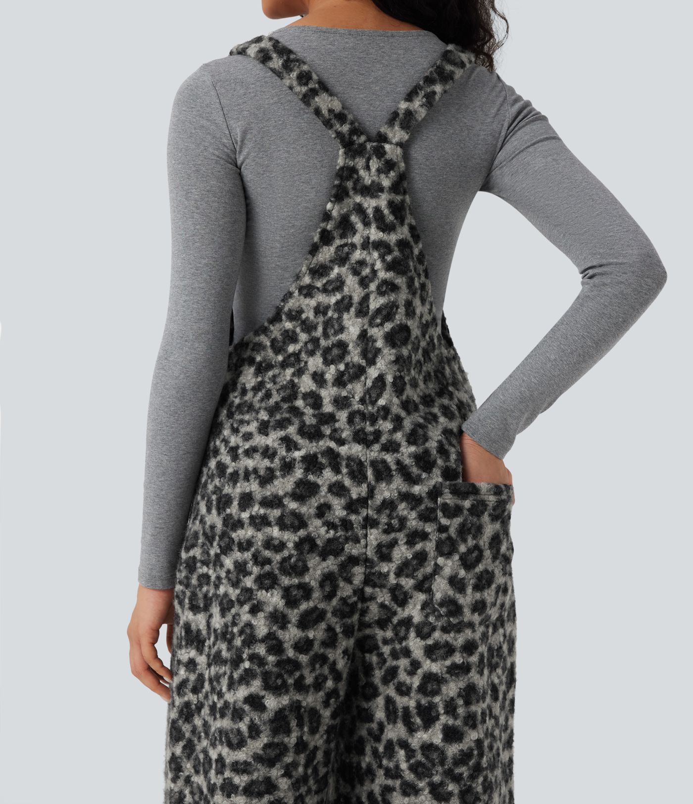 Salopette décontractée large en teddy col carré imprimé léopard avec poches