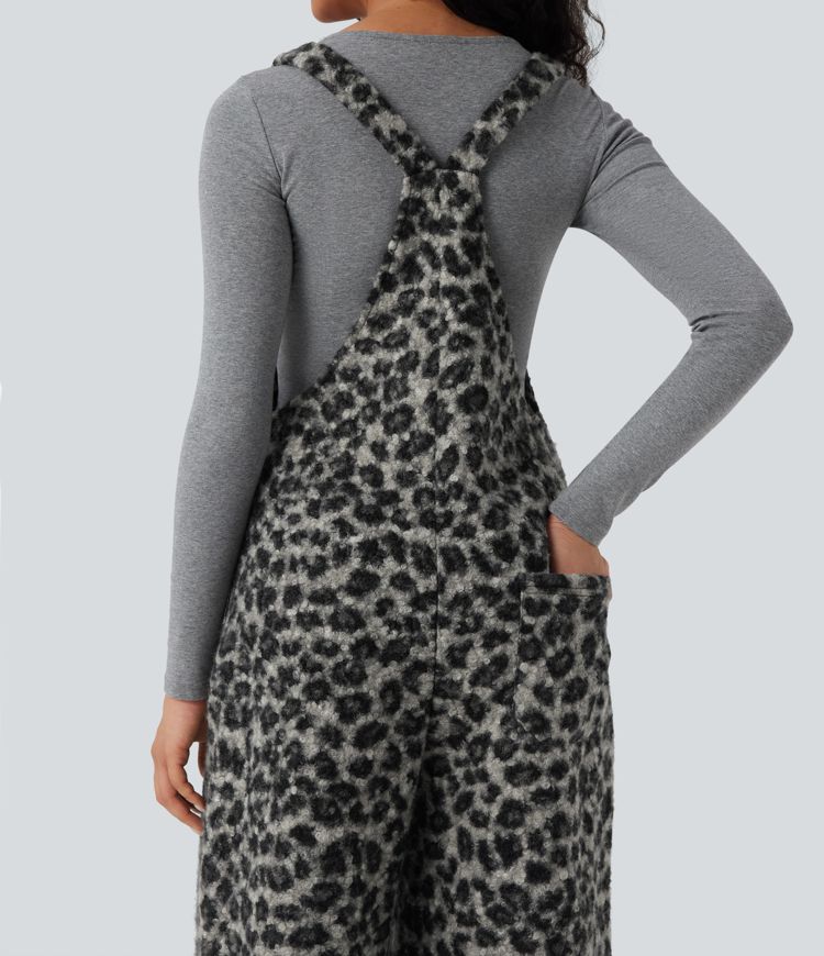 Salopette décontractée large en teddy col carré imprimé léopard avec poches