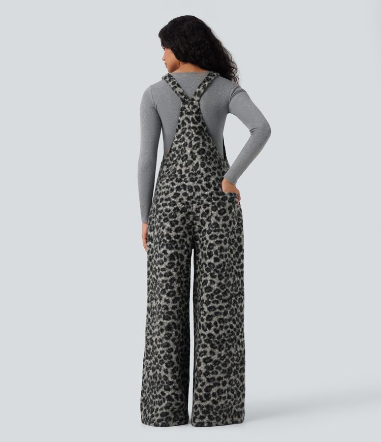 Salopette décontractée large en teddy col carré imprimé léopard avec poches