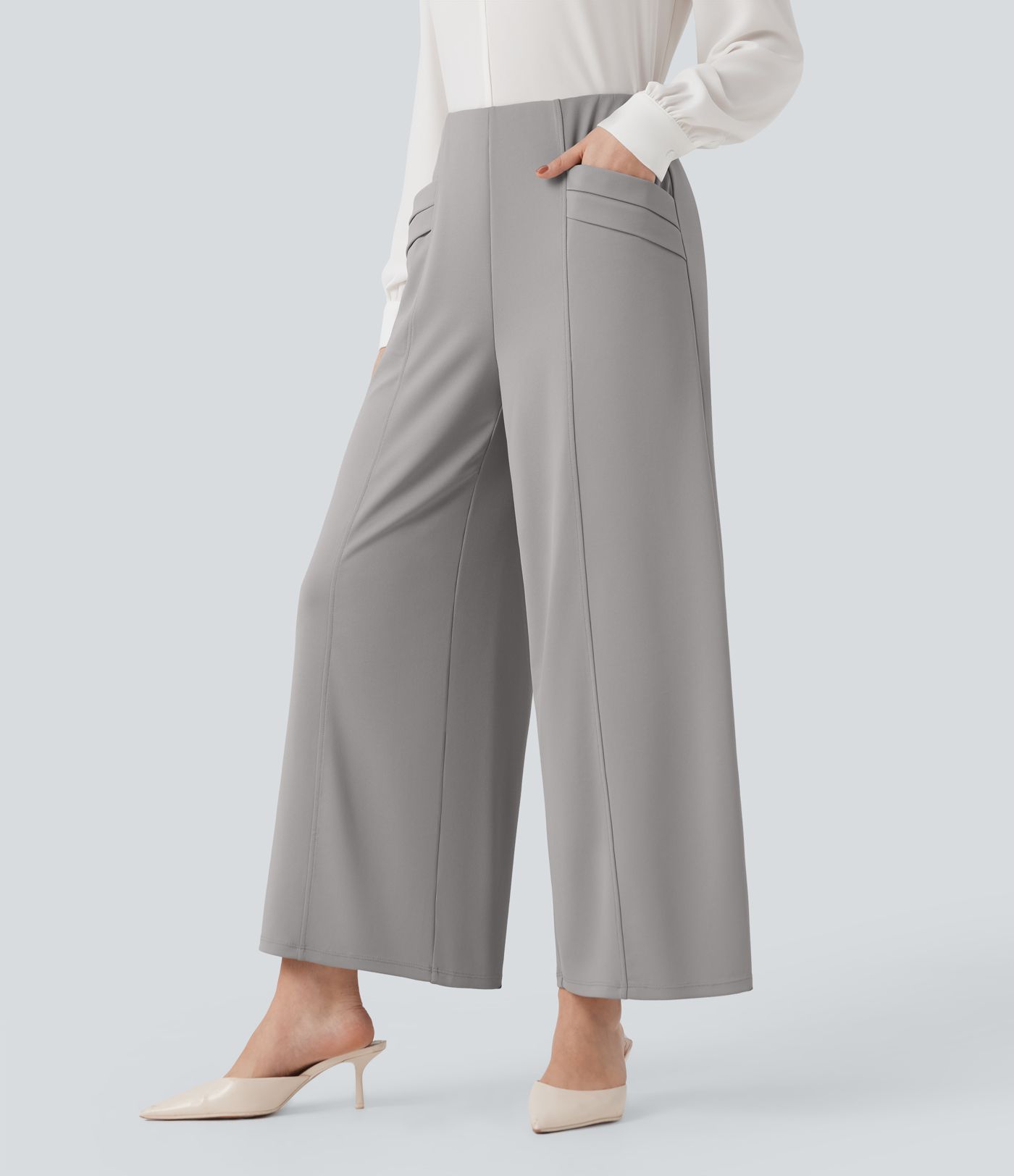 Pantalon tailleur 7/8 Halara Flex™ taille haute jambes larges en crêpe avec poches