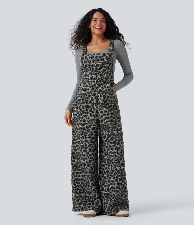 Salopette décontractée large en teddy col carré imprimé léopard avec poches