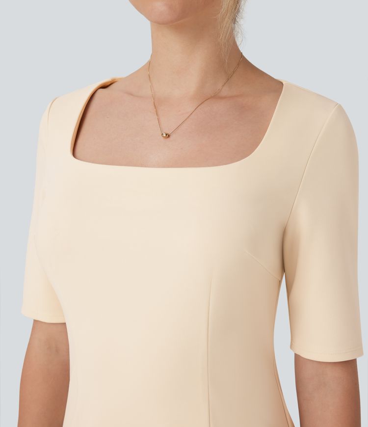 SculptKnit Square Neck Half Sleeve Slim Pencil Work Dress