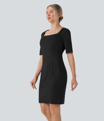Square Neck Half Sleeve Slim Pencil Work Dress