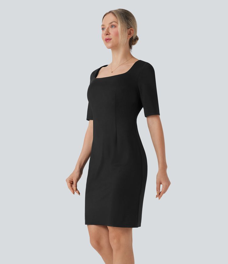 Square Neck Half Sleeve Slim Pencil Work Dress