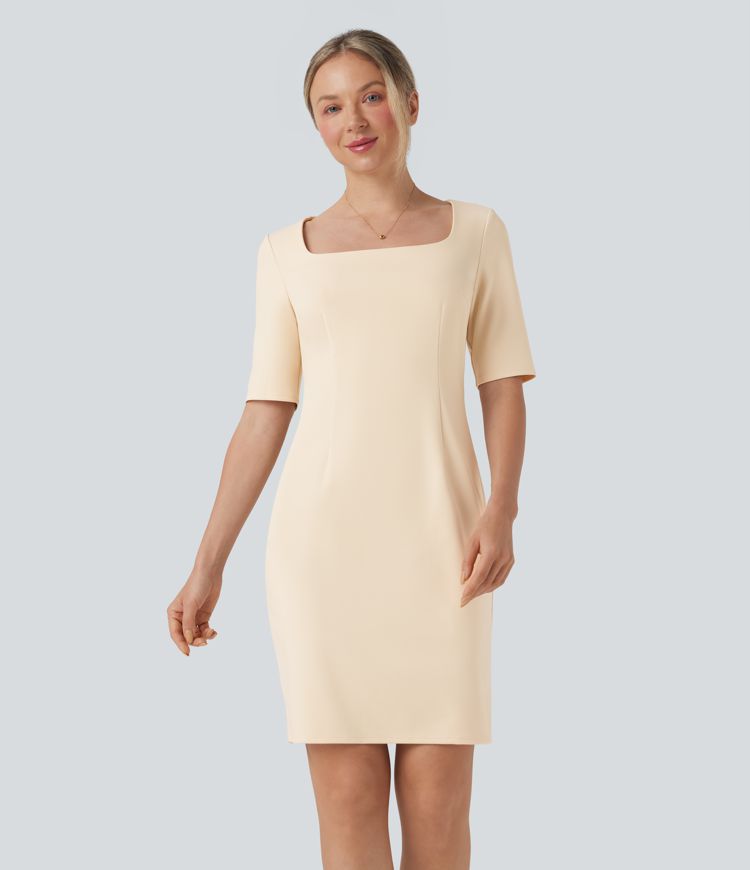 Square Neck Half Sleeve Slim Pencil Work Dress