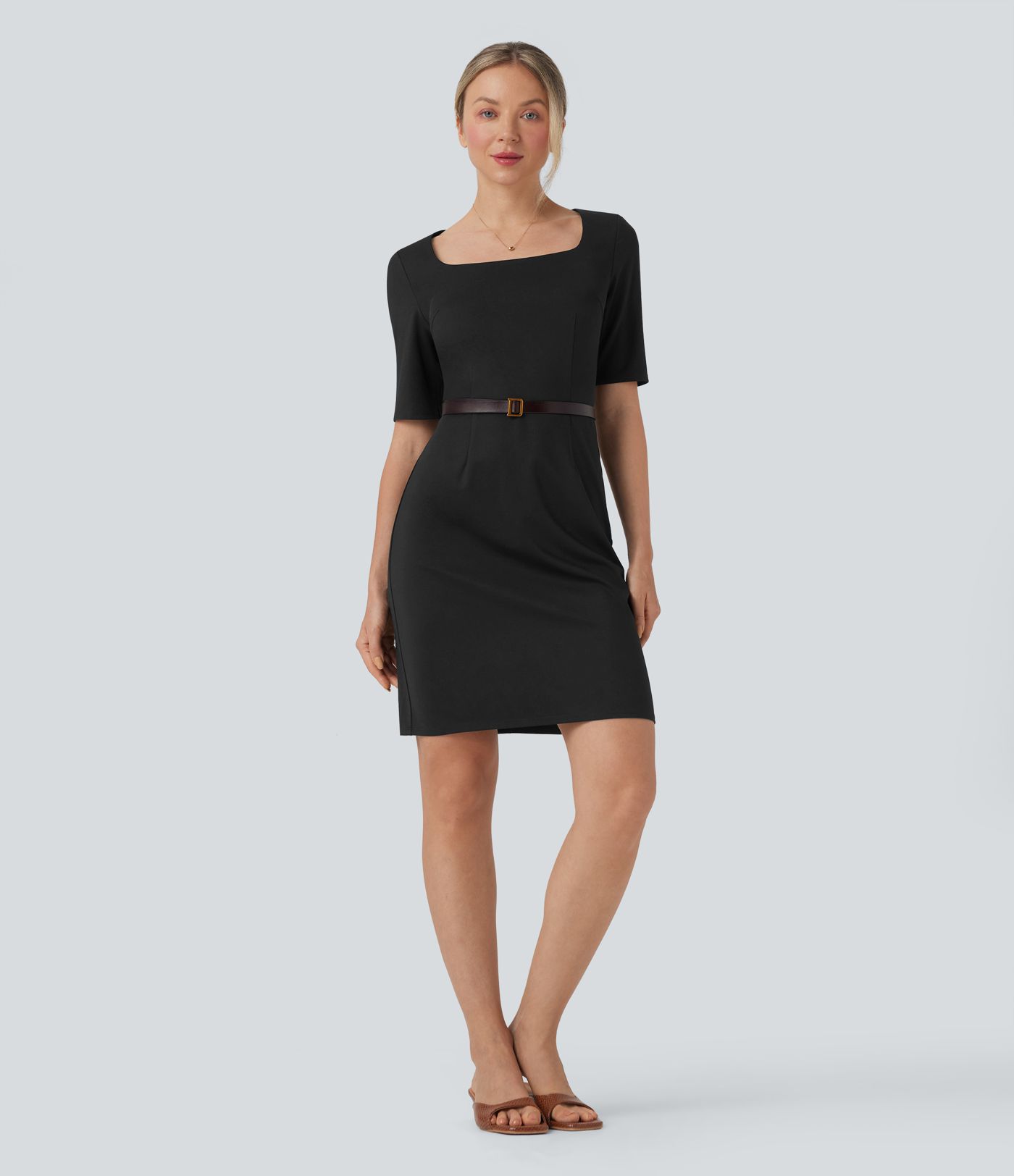 Square Neck Half Sleeve Slim Pencil Work Dress