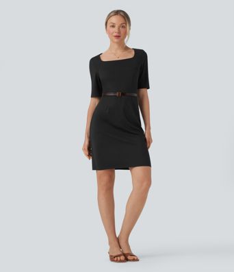 Square Neck Half Sleeve Slim Pencil Work Dress