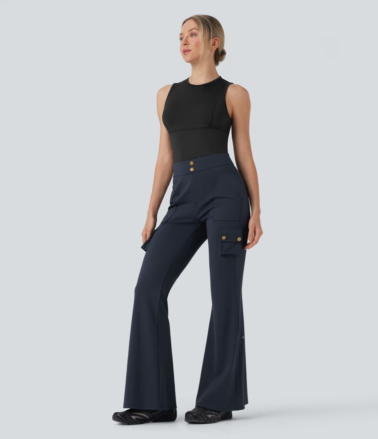 High Waisted Cargo Flare Hiking Pants with Pockets
