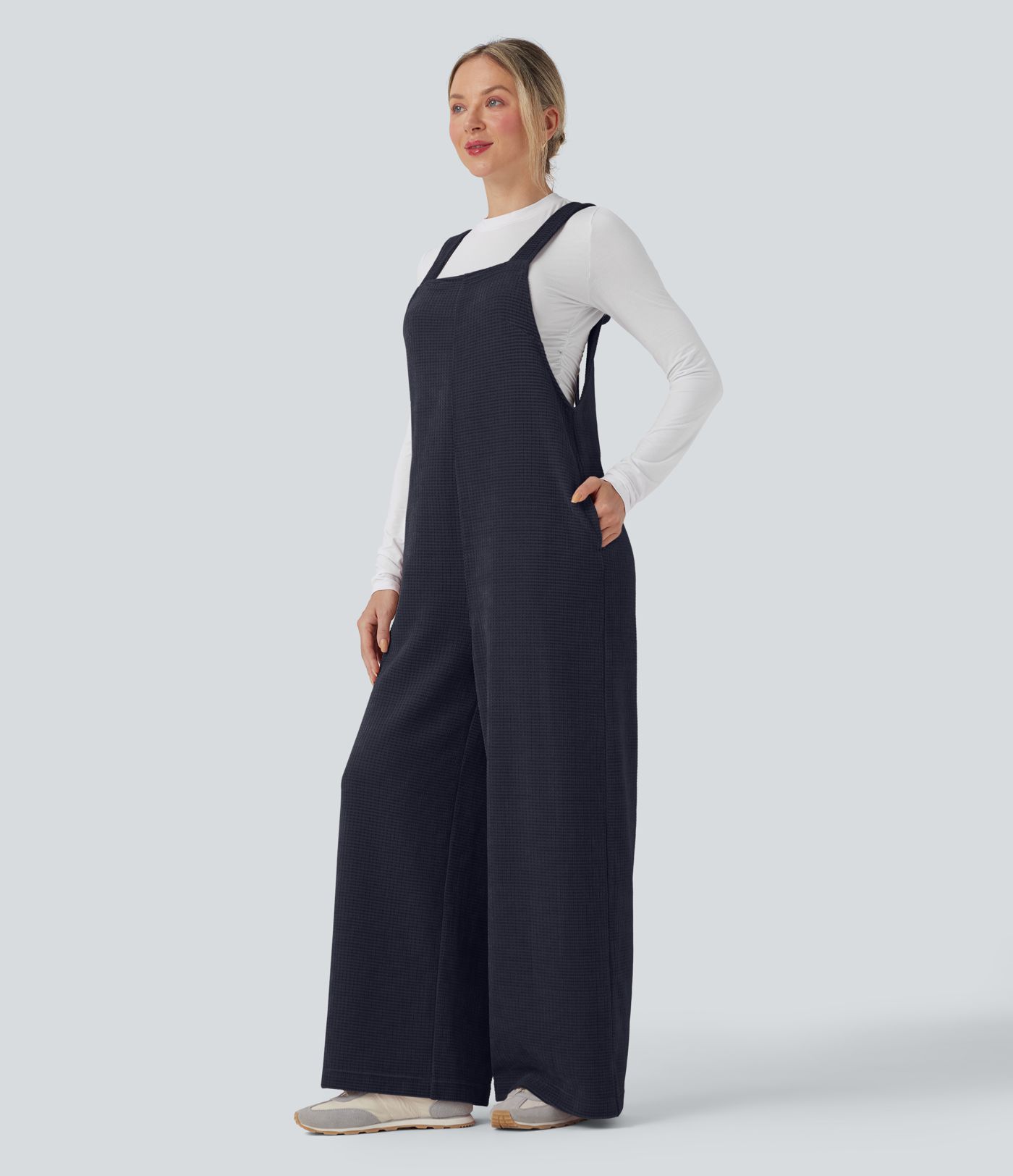 Tie Back Chenille Waffle Casual Overalls with Pockets