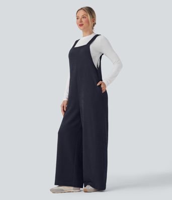 Tie Back Chenille Waffle Casual Overalls with Pockets