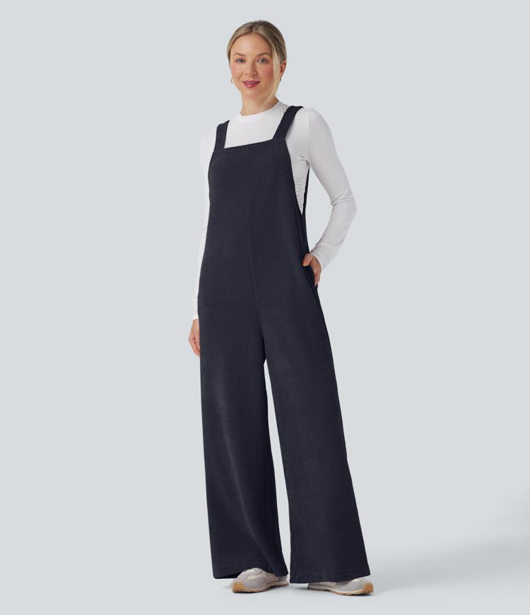 Tie Back Chenille Waffle Casual Overalls with Pockets