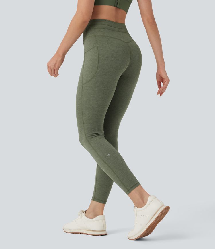 High Waisted Drawstring Heathered 7/8 Yoga Leggings with Pockets