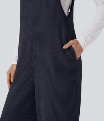 Tie Back Chenille Waffle Casual Overalls with Pockets