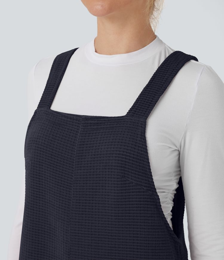 Tie Back Chenille Waffle Casual Overalls with Pockets