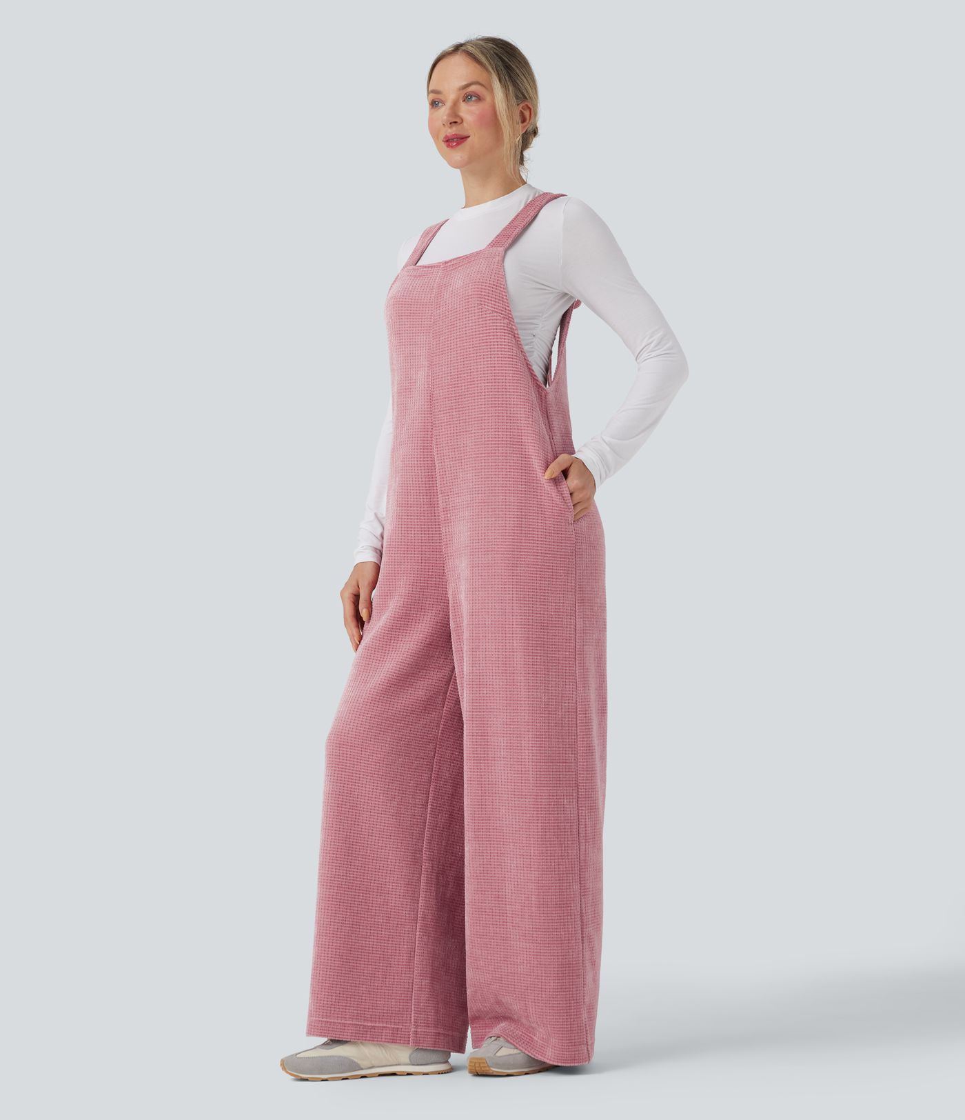 Jumpsuit casual de chenilla con lazo en la espalda y bolsillos