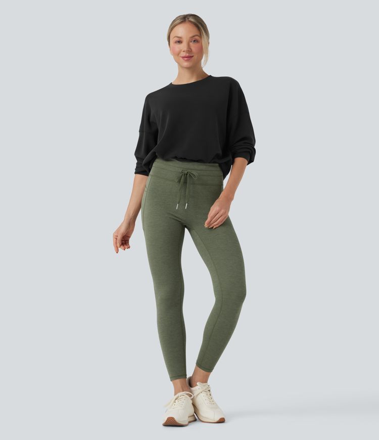 Hohe Taille Kordelzug Melierte 7/8 Yoga-Leggings mit Taschen