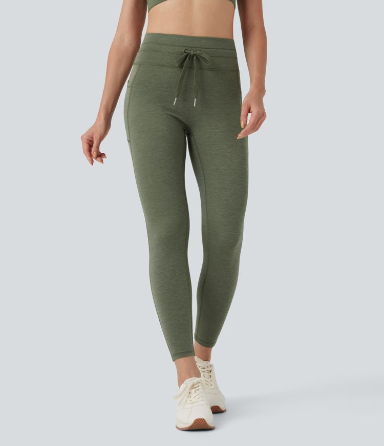 High Waisted Drawstring Heathered 7/8 Yoga Leggings with Pockets
