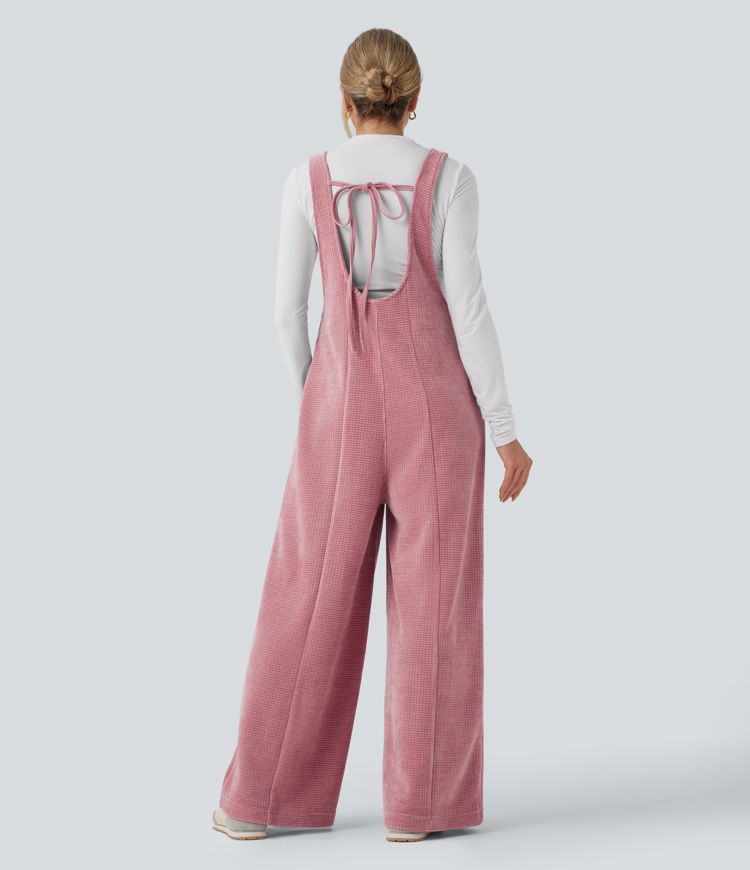 Tie Back Chenille Waffle Casual Overalls with Pockets