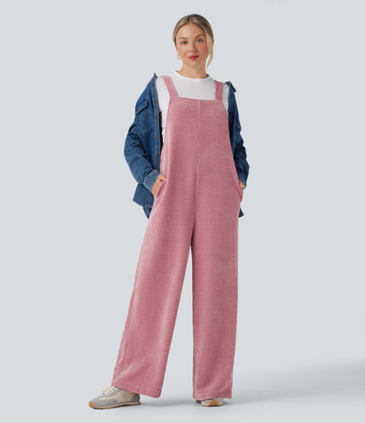 Jumpsuit casual de chenilla con lazo en la espalda y bolsillos