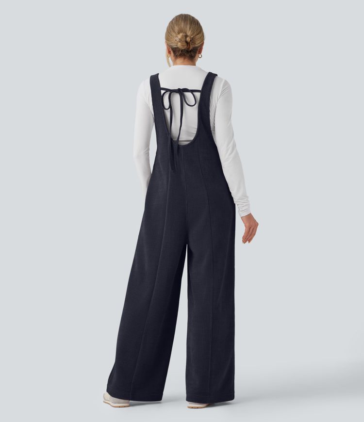 Tie Back Chenille Waffle Casual Overalls with Pockets