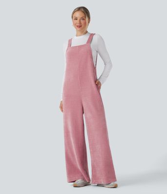 Lässiger Chenille-Waffel-Latzhose mit Seitentaschen und Bindeband hinten Lässiger Chenille-Waffel-Latzhose mit Seitentaschen und Bindeband hinten