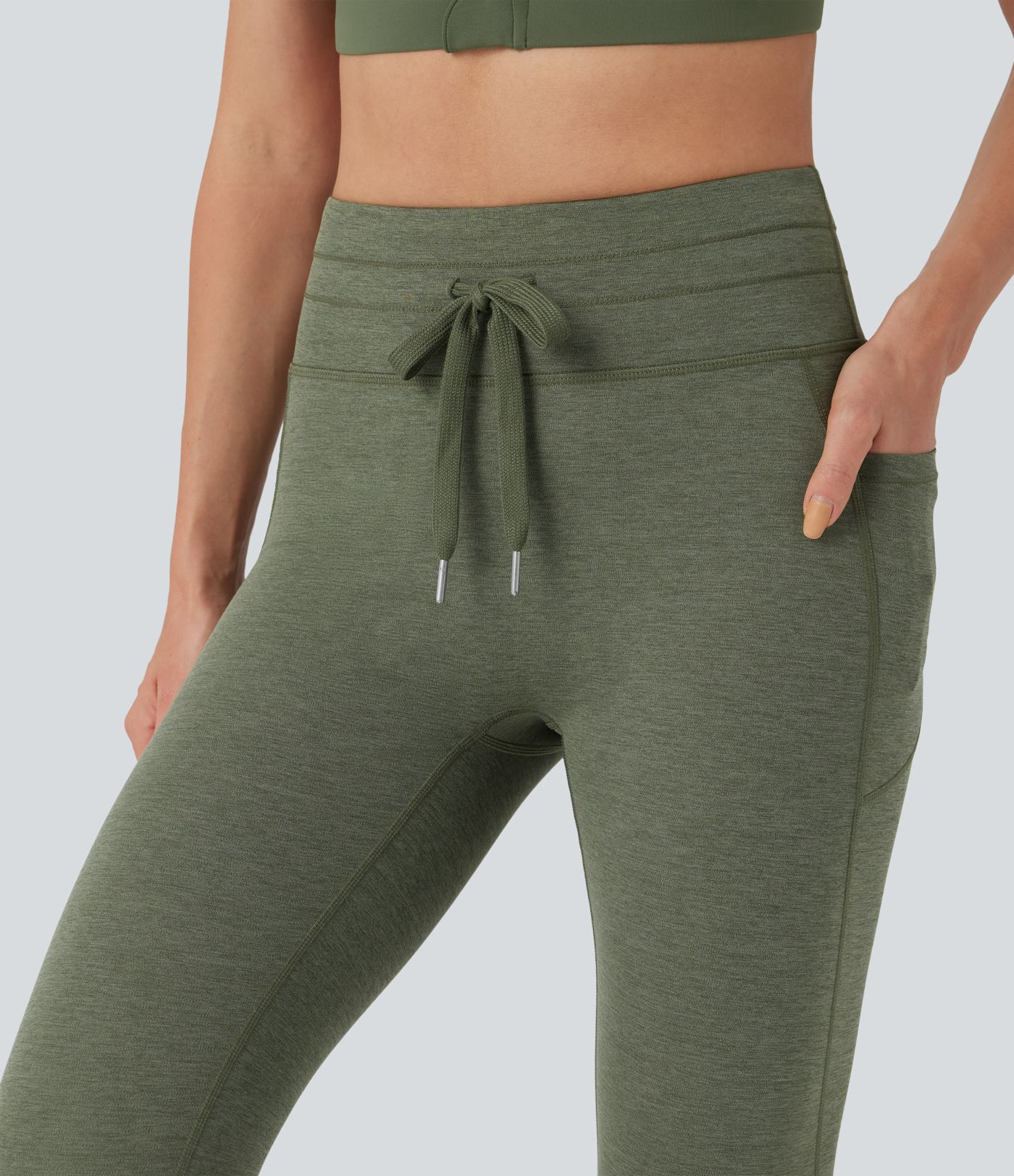 Hohe Taille Kordelzug Melierte 7/8 Yoga-Leggings mit Taschen