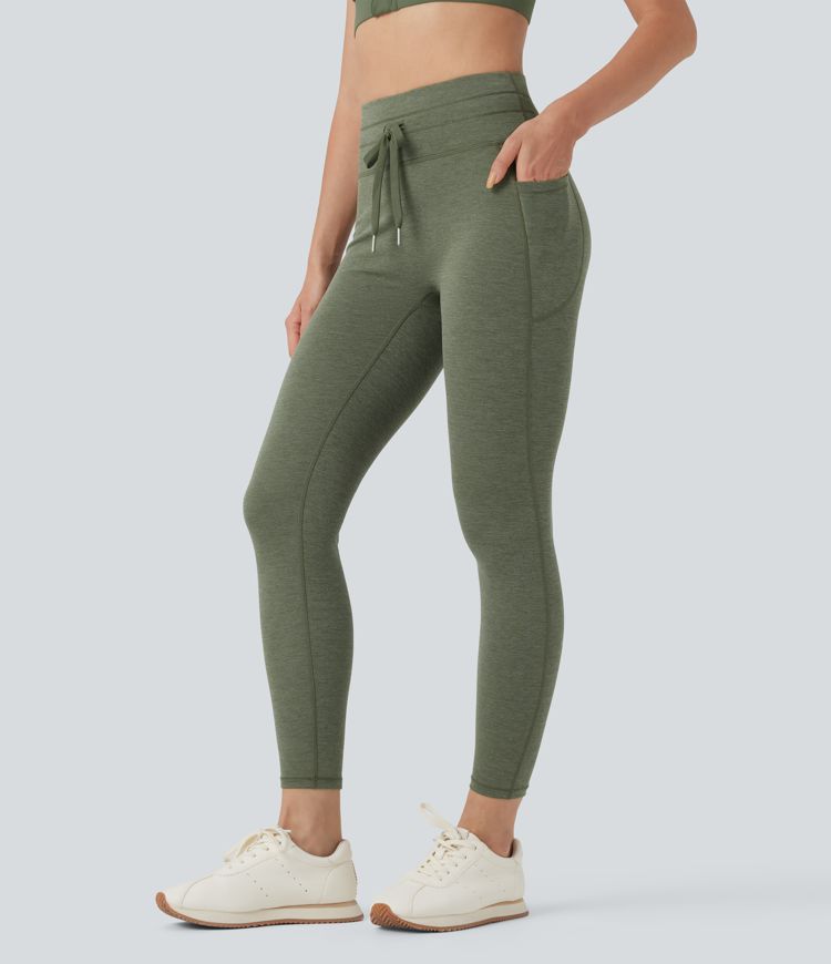 High Waisted Drawstring Heathered 7/8 Yoga Leggings with Pockets