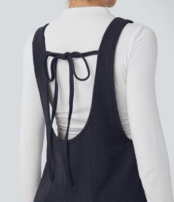 Tie Back Chenille Waffle Casual Overalls with Pockets