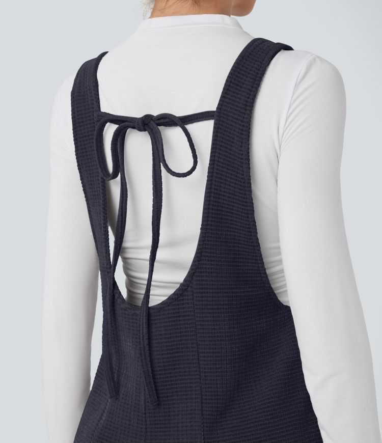 Tie Back Chenille Waffle Casual Overalls with Pockets