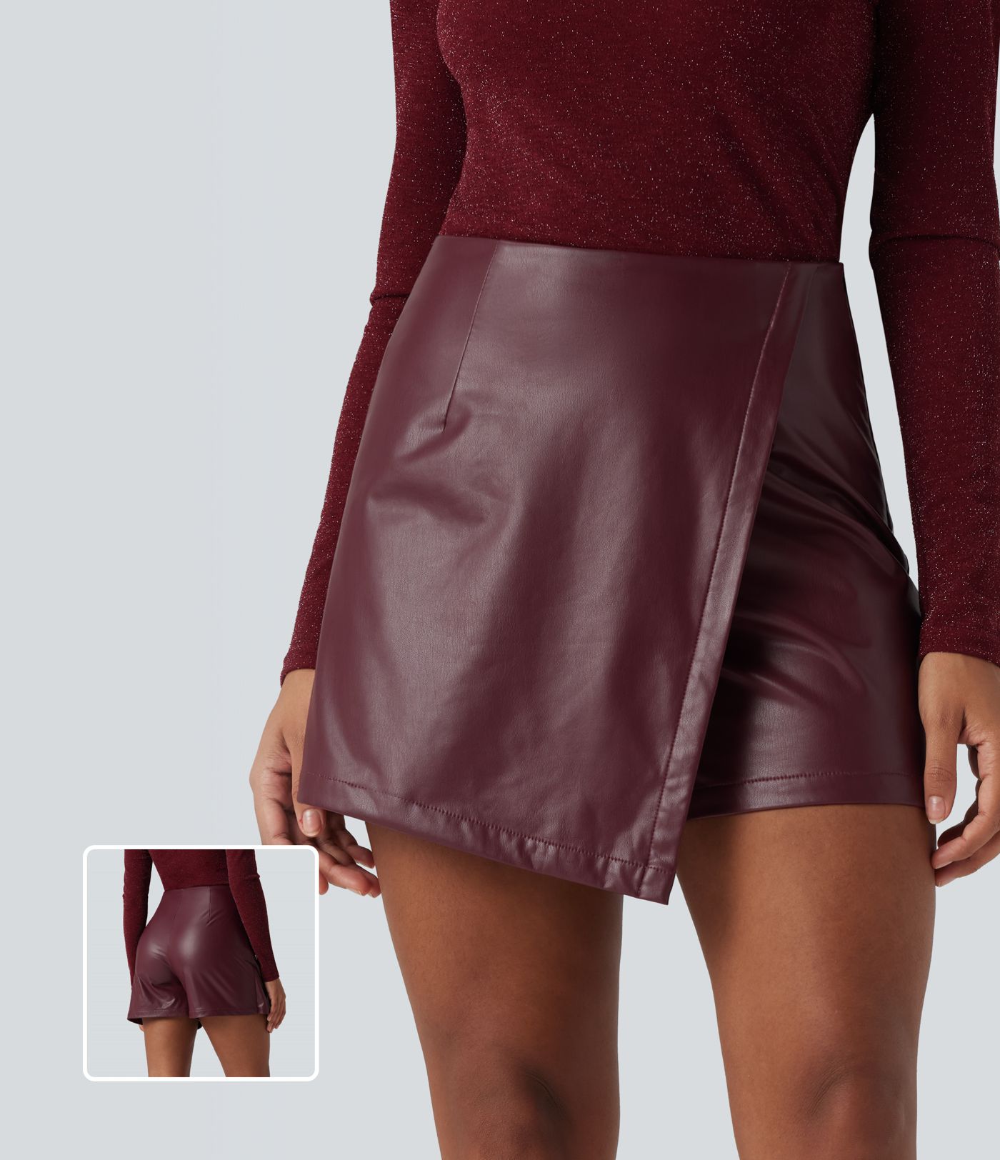 High Waisted Mini Fleece Casual PU Leather Skort