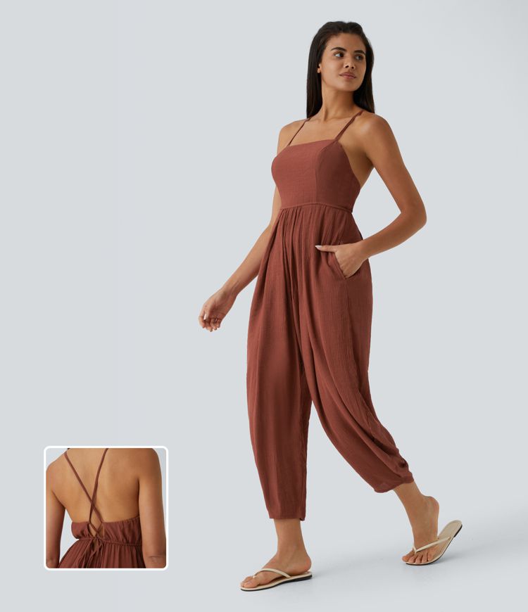 Spaghetti Strap Lace Up Pocket Jumpsuit