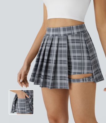 High Waisted Pleated 2-in-1 Pocket Adjustable Buckle Plaid Micro Mini Casual Skirt